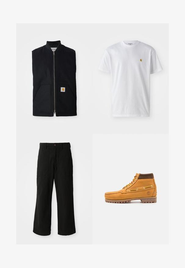Chaleco negro sin mangas hecho de tela duradera, con cremallera frontal, dos bolsillos y un parche de logo en el bolsillo inferior derecho.; Camiseta de algodón blanca con mangas cortas, cuello redondo, que presenta un pequeño logo dorado en la parte izquierda del pecho. Textura suave y corte regular.; Pantalones de pierna ancha en color negro, fabricados en un tejido suave, con bolsillos frontales y cierre de botón en la cintura. Diseño minimalista sin patrones visibles.; Timberland AUTHENTIC MID LACE BOOT - Botines con cordones - wheat