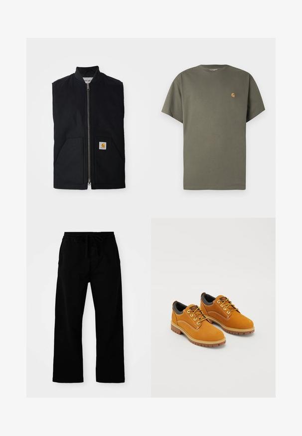 Schwarze ärmellose Weste aus strapazierfähigem Material, mit einem Reißverschluss vorne, zwei Taschen und einem Logopatch an der unteren rechten Tasche.; Olivgrünes T-Shirt mit Rundhalsausschnitt, kurzen Ärmeln, aus Baumwolle, mit kleinem orangefarbenem Logo auf der linken Brustseite.; Schwarze, elastische Hosen mit verstellbarem Kordelzug, weitem Bein und glatter Baumwollstruktur. Keine sichtbaren Muster oder Hardware-Details.; Braune Wildlederschuhe mit einer runden Zehenpartie, gelben Schnürsenkeln, einem gepolsterten schwarzen Kragen und Gummisohlen mit Rillen für besseren Halt.