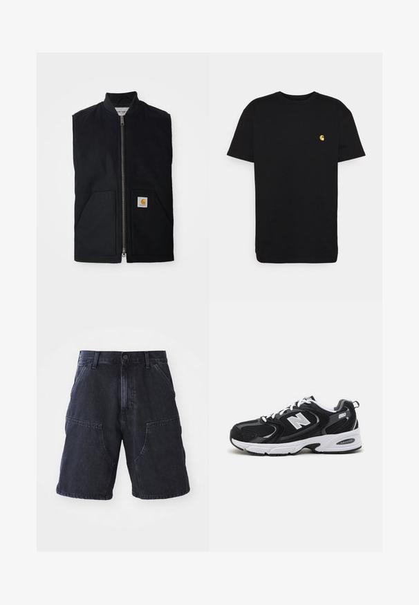 Sort ærmeløs vest lavet af holdbart stof, med en lynlås fortil, to lommer og et logo-patch på den nederste højre lomme.; Sort bomulds t-shirt med korte ærmer, rund halsudskæring og et lille gult logo på venstre brystområde. Enkel design og almindelig pasform.; Mørke denim shorts med lige snit, store forlommer og knaplukning; glat tekstur og minimale syninger.; Sorte og grå sportssko med mesh og ruskind på overdelen, der har en hvid mellemsål, snørebånd og et iøjnefaldende "N" logo på siden.