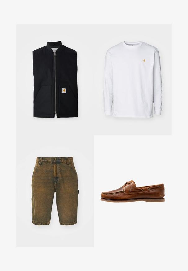 Chaleco negro sin mangas hecho de tela duradera, con cremallera frontal, dos bolsillos y un parche de logo en el bolsillo inferior derecho.; Camiseta de manga larga blanca de algodón. Cuenta con un pequeño logo dorado en el pecho y un cuello redondo. Diseño simple y corte estándar.; Pantalones cortos de mezclilla en un color marrón desgastado con una textura ligeramente desgastada. Cuenta con trabillas para el cinturón, bolsillos frontales y un bolsillo tipo cargo en el lateral.; Zapato de barco de cuero marrón con acentos de costura, con ojales de metal, una costura elevada en la puntera y una suela de goma plana.