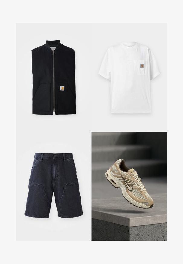 Sort ærmeløs vest lavet af holdbart stof, med en lynlås fortil, to lommer og et logo-patch på den nederste højre lomme.; Hvid t-shirt med korte ærmer og rund hals med en brystlomme med et lille brunt og sort Carhartt-logo.; Mørke denim shorts med lige snit, store forlommer og knaplukning; glat tekstur og minimale syninger.; Beige og hvid Nike løbesko med mesh paneler og sort swoosh, der svæver over en betonkant med slørede trapper i baggrunden.