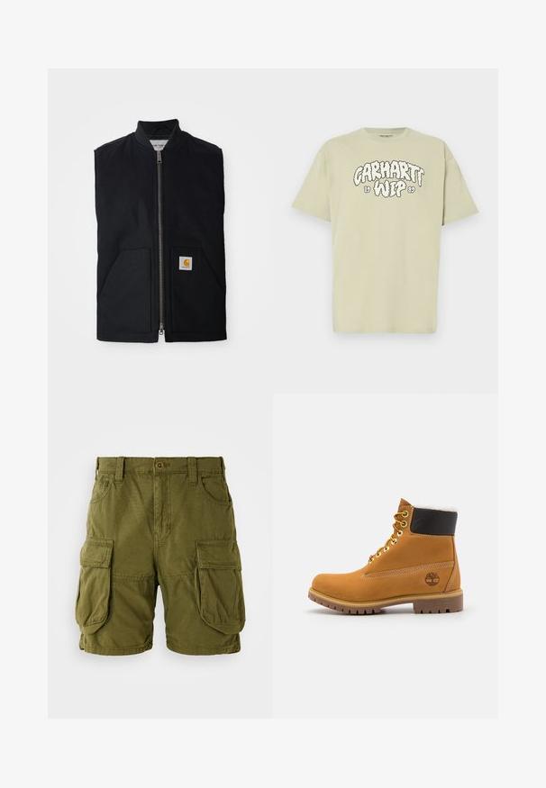 Chaleco negro sin mangas hecho de tela duradera, con cremallera frontal, dos bolsillos y un parche de logo en el bolsillo inferior derecho.; Camiseta de algodón verde claro con corte oversized, con un estampado en negro estilo nube que dice "Carhartt WIP 1989" en el frente. Mangas cortas, cuello redondo.; Pantalones cortos cargo color verde oliva, confeccionados en una mezcla de algodón. Cuentan con dos grandes bolsillos laterales y un cierre de botón con trabillas para cinturón. Textura suave.; Botín de cuero marrón con ojales de metal, forro de piel sintética blanca, cuello acolchado negro, suela resistente y logotipo en relieve en el costado.