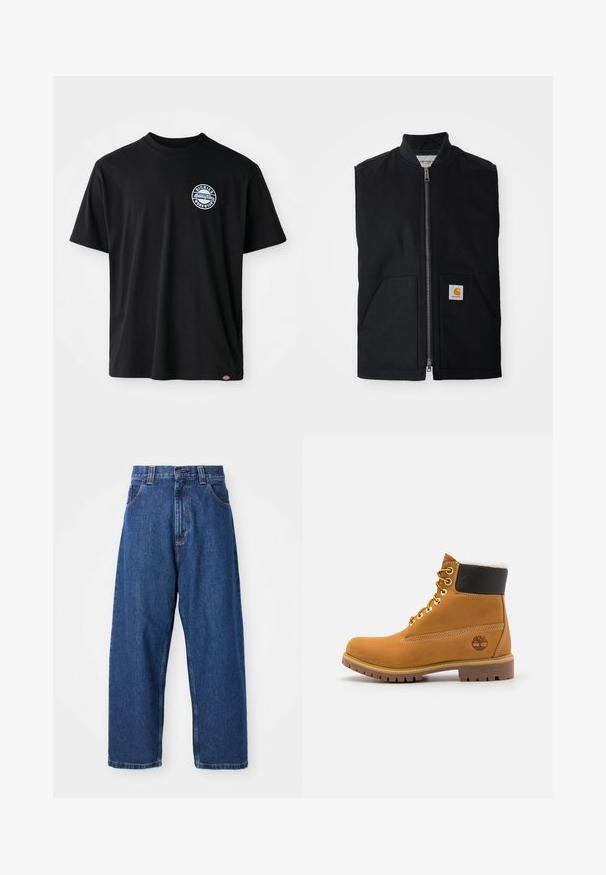 Sort ærmeløs vest lavet af holdbart stof, med en lynlås fortil, to lommer og et logo-patch på den nederste højre lomme.; Sort bomulds-T-shirt med et rundt logo på brystet. Korte ærmer og rund halsudskæring med lige snit ved kanten.; Denimwide-leg jeans i mørkeblå. Har høj talje, bæltestropper og klassisk fem-lommers design. Syet kant med en ren finish.; Brune læder ankelstøvle med metaløjer, hvid pelsforing, sort polstret krave, robust sål og præget logo på siden.