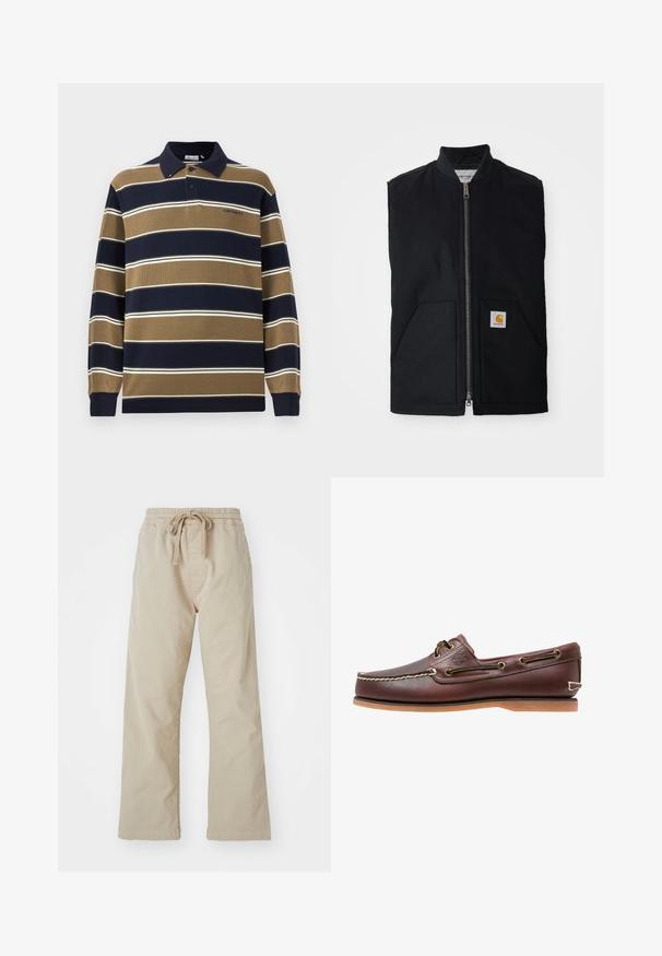 Zwarte mouwloze vest gemaakt van duurzaam materiaal, met een ritssluiting aan de voorkant, twee zakken en een logo-opdruk op de rechter onderzak.; Poloshirt met lange mouwen in marineblauw, beige en witte verticale strepen; beschikt over een kraag, drie knopen aan de voorkant en een geborduurd logo op de borst.; Beige katoenen broek met een elastische tailleband en trekkoord. Recht gesneden ontwerp, zachte textuur en geen zichtbare patronen of accenten.; Bruine leren bootschoen met witte stiksels, veterdetails en beige rubberen zool, zijaanzicht op een witte achtergrond.