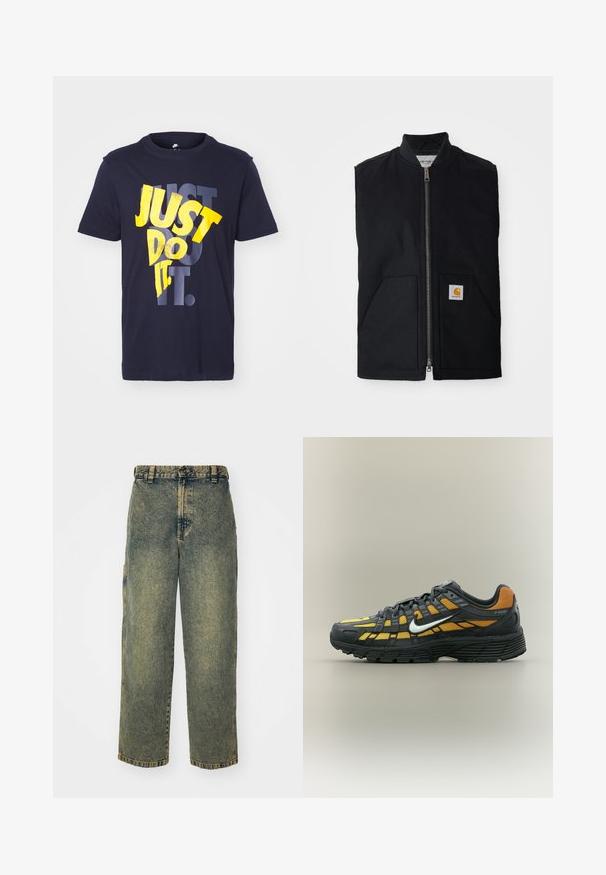 Schwarze ärmellose Weste aus strapazierfähigem Material, mit einem Reißverschluss vorne, zwei Taschen und einem Logopatch an der unteren rechten Tasche.; Marineblaue Baumwoll-T-Shirt mit dem Schriftzug "JUST DO IT." in fetter gelber und grauer Typografie. Klassischer Rundhalsausschnitt, kurze Ärmel.; Baggy-Jeans aus Denim in einer verblassten Blauen und Grünen Waschung. Mit Knopfverschluss, Gürtelschlaufen und Seitentaschen. Flaches Vorderteil und gerades Bein-Design.; Schwarzer und gelber Nike P-6000 Sneaker mit weißem Swoosh, schwarzer Sohle und Obermaterial aus Mesh, seitliche Ansicht vor einfachem Hintergrund.