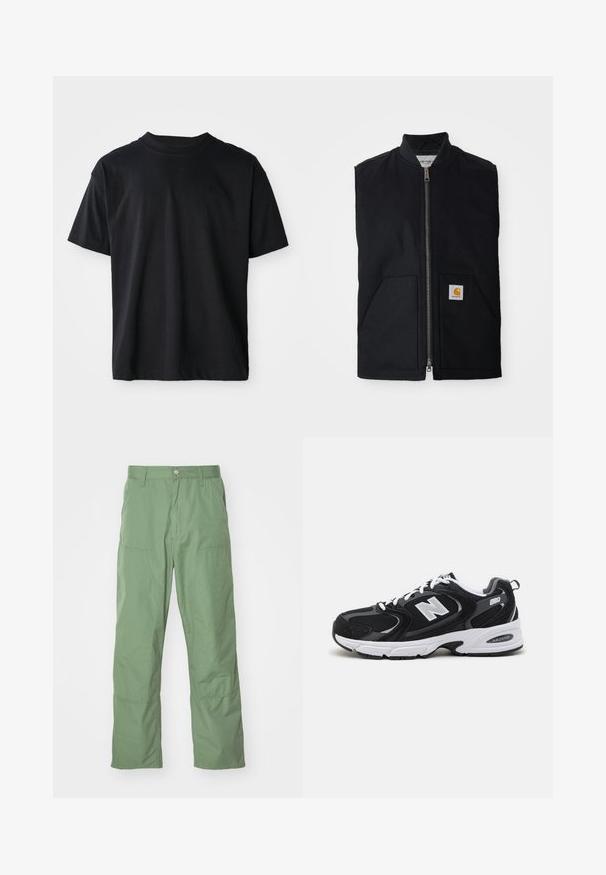 Schwarze ärmellose Weste aus strapazierfähigem Material, mit einem Reißverschluss vorne, zwei Taschen und einem Logopatch an der unteren rechten Tasche.; Schwarzes Crew-Neck-T-Shirt aus Baumwolle. Kurze Ärmel, Standardpassform, keine sichtbaren Muster, minimalistisches Design mit subtilen Logodetails.; Hellgrüne, lässige Hose mit glatter Textur, ausgestattet mit Seitentaschen und sichtbaren Nähten. Vollständig lang mit geradem Bein.; Schwarze und graue Sportschuhe mit Obermaterial aus Mesh und Wildleder, ausgestattet mit einer weißen Zwischensohle, Schnürsenkeln und einem markanten "N"-Logo an der Seite.