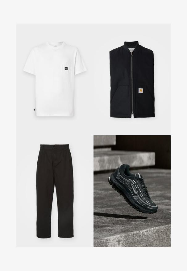 Schwarze ärmellose Weste aus strapazierfähigem Material, mit einem Reißverschluss vorne, zwei Taschen und einem Logopatch an der unteren rechten Tasche.; Weißes Baumwoll-T-Shirt mit Rundhalsausschnitt, kurzen Ärmeln und einer Brusttasche mit schwarzem Logo-Patch. Glatte Textur, lockere Passform.; Schwarze Hose aus glattem Stoff, mit Knopfverschluss, geradem Schnitt und zwei vorderen Falten für zusätzlichen Detail.; Schwarzer und grauer Nike Air Max Sneaker, der über graue Betonstufen mit strukturiertem Bodenhintergrund schwebt.