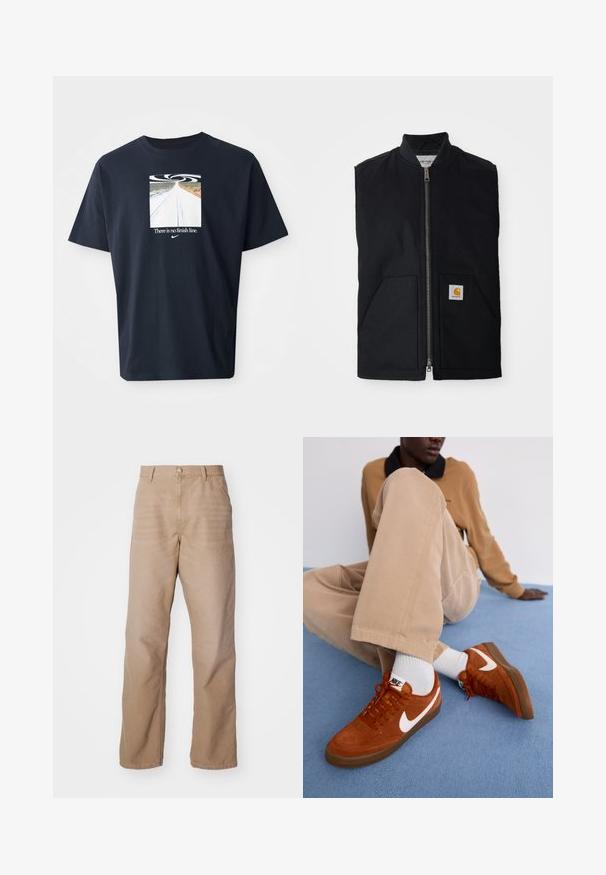 Chaleco negro sin mangas hecho de tela duradera, con cremallera frontal, dos bolsillos y un parche de logo en el bolsillo inferior derecho.; Camiseta de algodón azul marino de manga corta, con un gráfico cuadrado de una carretera y un diseño en espiral, y el texto "No hay línea de meta" en blanco.; Pantalones de algodón beige con diseño de pierna recta, que presentan un cierre de cremallera, estilo de cinco bolsillos y una textura sutil.; Zapatillas de ante marrón con el logo de Nike en blanco y suelas de goma, combinadas con pantalones beige claros y calcetines cortos blancos sobre una superficie azul.