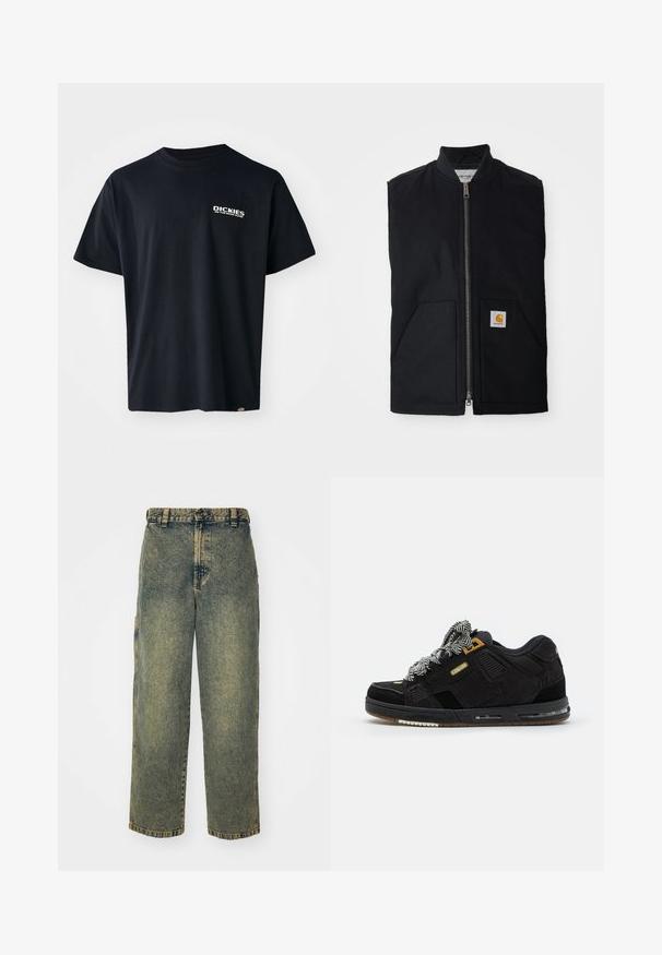 Sort ærmeløs vest lavet af holdbart stof, med en lynlås fortil, to lommer og et logo-patch på den nederste højre lomme.; Sort kortærmet t-shirt lavet af bomuld, med et hvidt grafisk tekstlogo på venstre bryst, lige snit og et mærke på siden.; Slidse denim jeans i en falmet blå og grøn vask. Har en knaplukning, bælteløkker og sidelommer. Flad front og lige ben-design.; Globe SABRE - Sneakers - black