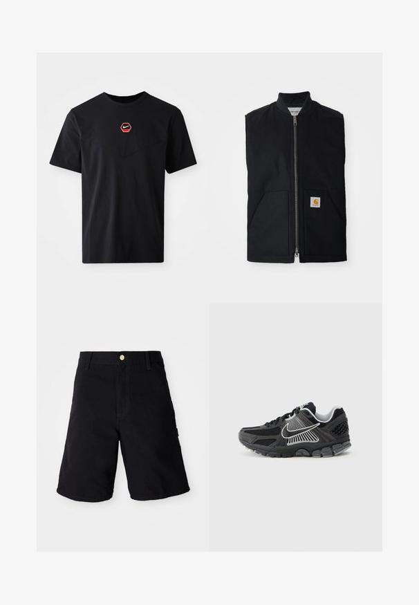 Sort ærmeløs vest lavet af holdbart stof, med en lynlås fortil, to lommer og et logo-patch på den nederste højre lomme.; Sort kortærmet T-shirt i bomuld med et sekskantet rødt og hvidt Nike-logo på brystet og en rund halsudskæring.; Sorte denim shorts med knaplukning, med lige skæring, sidelommer og forstærket syning for holdbarhed.; Sort atletiksko med meshpaneler og syntetiske detaljer. Har en rundet tå, tyk polstret sål og kontrasterende hvide logodetaljer.
