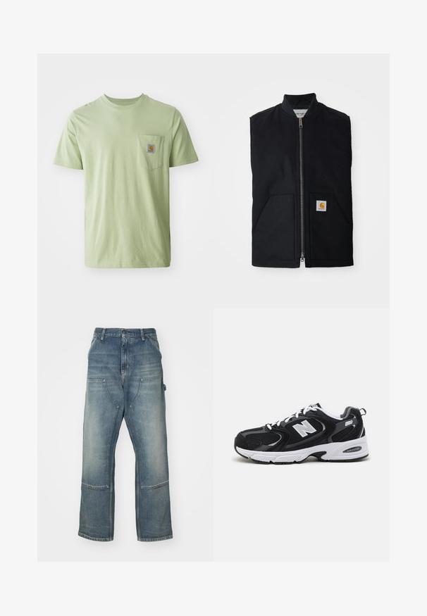 Zwarte mouwloze vest gemaakt van duurzaam materiaal, met een ritssluiting aan de voorkant, twee zakken en een logo-opdruk op de rechter onderzak.; Lichtgroen t-shirt met korte mouwen van zachte stof, met een borstzak en een vierkante logopatch. Eenvoudig, onopgesmukt ontwerp.; Lichtblauwe jeans met een relaxte pasvorm, gemaakt van denim. Heeft wijde broekspijpen, grote voorkruiszakken en contrasterende stikdetails.; Zwarte en grijze sport schoenen met een bovenwerk van mesh en suede, voorzien van een witte tussenzool, veters en een gedurfde "N"-logo aan de zijkant.