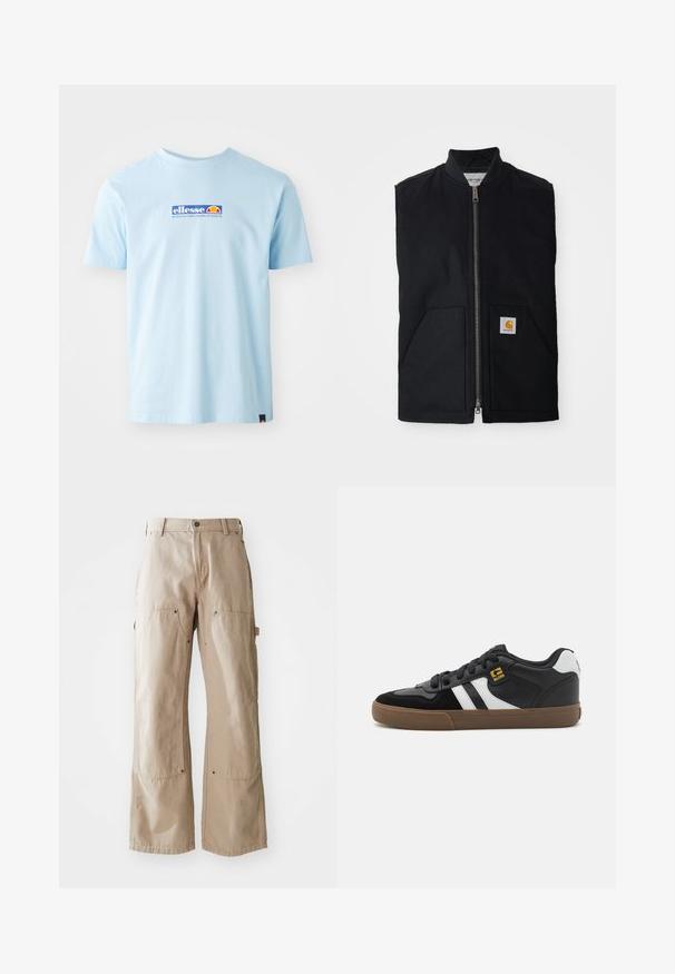 Schwarze ärmellose Weste aus strapazierfähigem Material, mit einem Reißverschluss vorne, zwei Taschen und einem Logopatch an der unteren rechten Tasche.; Helles blaues Baumwoll-T-Shirt mit kurzen Ärmeln und Rundhalsausschnitt. Verfügt über ein mehrfarbiges Logo auf der Vorderseite und ein kleines Akzent-Tag am Saum.; Beige weite Hosen aus robustem Baumwollstoff. Verfügt über Front- und Seiten pockets, sichtbare Nähte und Metallakzente an den Taschen.; Schwarz-weiße Sneakers mit einem Obermaterial aus Wildleder und Leder, ausgestattet mit weißen Streifen, schwarzen Schnürsenkeln und einer braunen Gummisohle. Mit goldenen Logo-Akzenten.