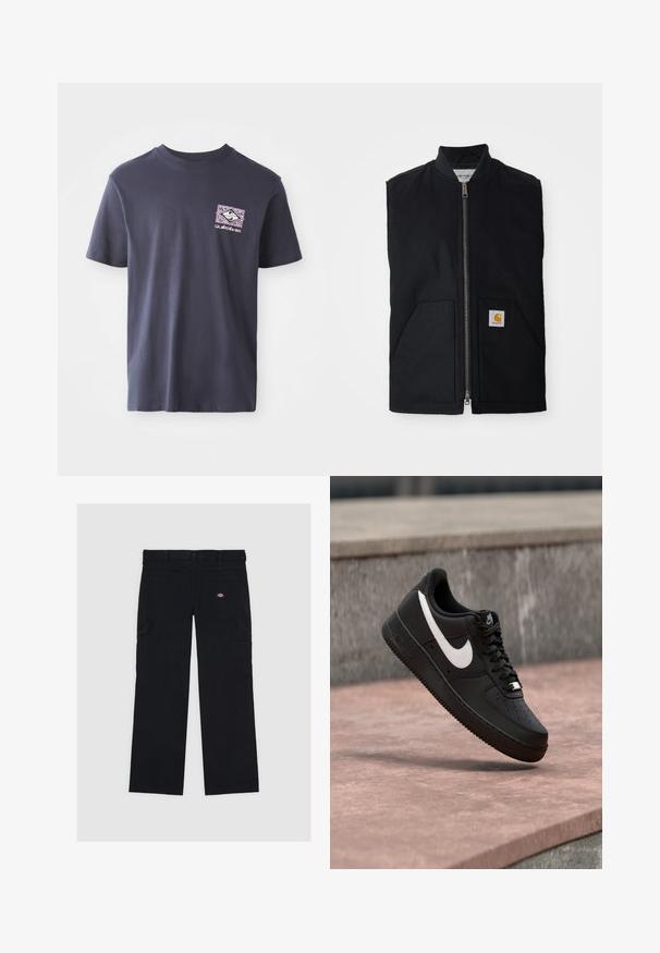 Chaleco negro sin mangas hecho de tela duradera, con cremallera frontal, dos bolsillos y un parche de logo en el bolsillo inferior derecho.; Camiseta de algodón azul marino con cuello redondo y mangas cortas. Presenta un estampado gráfico geométrico en púrpura y blanco en el lado izquierdo del pecho.; Pantalones cargo negros de algodón, con múltiples bolsillos, una textura suave y un parche con el logo en el bolsillo trasero derecho.; Zapatilla Nike Air Force 1 negra con el logo de la marca en blanco, flotando sobre una superficie de piedra y un fondo de pared gris texturizada.