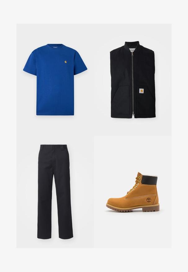Schwarze ärmellose Weste aus strapazierfähigem Material, mit einem Reißverschluss vorne, zwei Taschen und einem Logopatch an der unteren rechten Tasche.; Blaues Baumwoll-T-Shirt mit Rundhalsausschnitt, kurzen Ärmeln und einem kleinen goldenen Logo auf der Brust. Glatte Textur und lässige Passform.; Schwarze gerade geschnittene Hose aus einem Baumwollmischgewebe. Verfügt über einen flachen Bund mit Gürtelschlaufen und keinerlei sichtbare Hardware oder Verzierungen.; Braune Leder-Ankle-Boots mit Metallösen, weißem Kunstfellfutter, schwarzem gepolstertem Kragen, robustem Sohlenprofil und geprägtem Logo an der Seite.