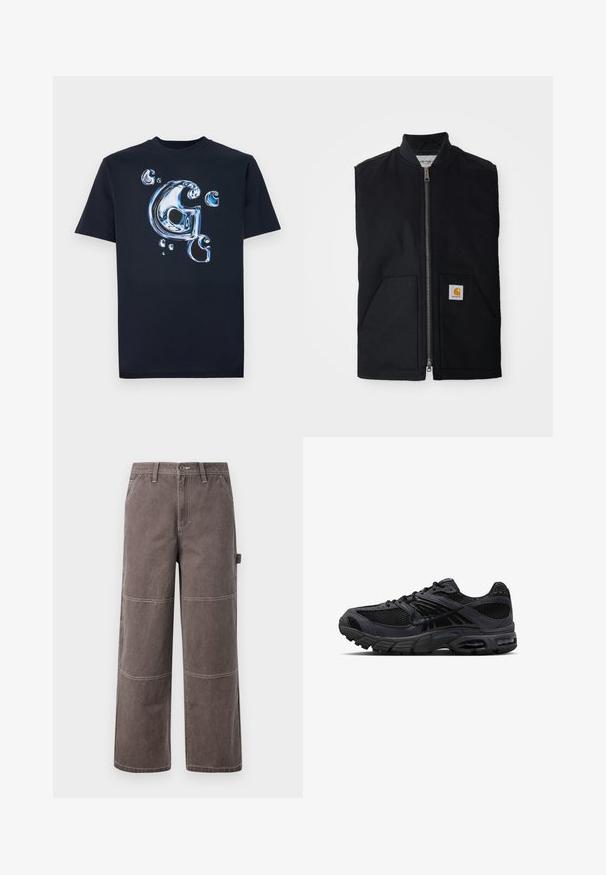 Must meeseta must vest, mis on valmistatud vastupidavast kangast, esiosas tõmblukuga, kahe taskuga ja logo plaastriga paremas alumises taskus.; Must musta T-särk, millel on läikiv, metalliline kiri "G" ja sinistes toonides mullid. Lühikesed varrukad klassikalise lõikega.; Laiad püksid tuhmidest pruunides toonides, valmistatud vastupidavast kangast, millel on kontrastne õmblus. Omab paneelide detailimist ja küljetaskut.; Mustad ja tumehallid Nike jooksujalatsid võrgukangaga, seemisnahast detailide, polsterdatud tald ning nähtavate õhku sisaldavate üksustega kannas ja esiosas.