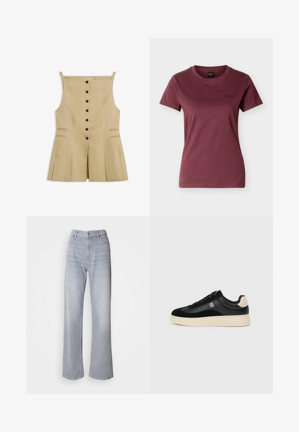 Beige ærmeløs kjole med firkantet udskæring, knaplukning foran, to vandrette paspolerede lommer og frontgående midterslids.; Kortærmet, bordeaux T-shirt til kvinder med rund hals og lille broderet "BOSS"-logo på venstre bryst.; Lys grå vidde jeans med høj talje, lavet af denim. Har forlommer, lynlås og subtil falmen over det hele.; Sort sneaker med en glat læder- og ruskindsoverdel, cremet gummisål, snørelukning og en lille "HUGO"-logo på siden.
