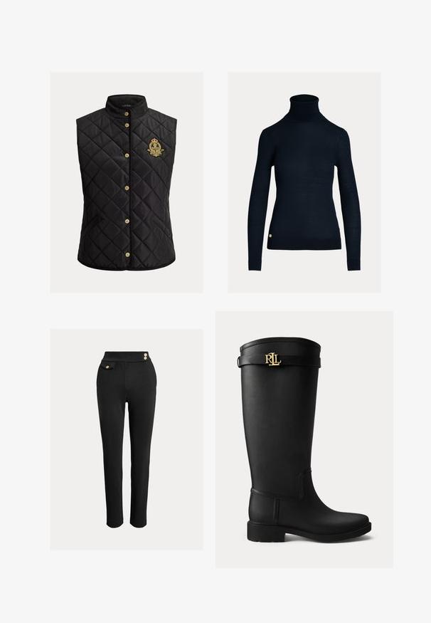 Sort quiltet ærmeløs vest med ståkrave, lukning med guldknapper og broderet guldfarvet og rød skjold på venstre bryst.; Sort rullekrave sweater med lange ærmer, en tætsiddende pasform og en ribbet kant. Et guld logo er placeret nær bunden.; Sorte slim-fit bukser med høj talje, dekorative guldknapper på taljen og en lille klaplomme på højre side.; Sort knæhøj gummistøvle med lav hæl og en guldfarvet RLL-logo spænde nær toppen på en ensartet lys baggrund.