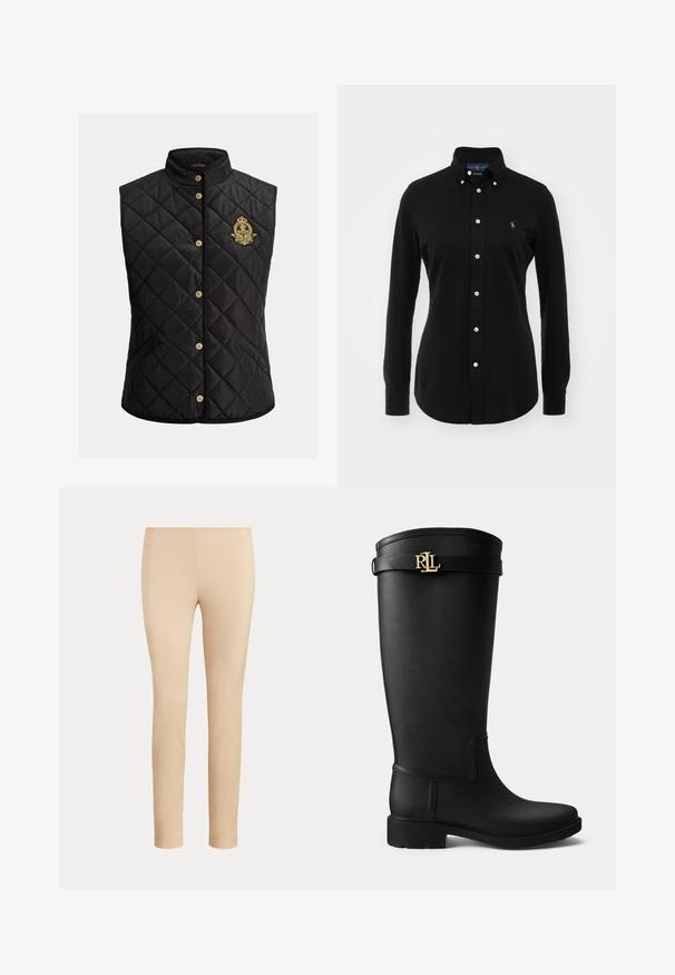 Zwarte doorgestikte mouwloze bodywarmer met opstaande kraag, sluiting met gouden knopen en geborduurd goud-rood wapenschild op de linkerborst.; Zwarte longsleeve shirt van katoen met een button-down kraag, voorzien van witte knopen en een klein geborduurd logo op de borst.; Beige slim-fit enkellange broek met een gladde afwerking en zonder zichtbare zakken of versieringen op een effen achtergrond.; Zwarte regenlaars tot net onder de knie met een lage hak en een gouden RLL-logo gesp dicht bij de bovenkant op een effen lichte achtergrond.