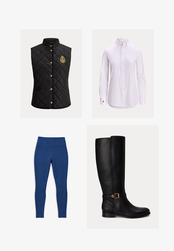 Veste sans manches matelassée noire avec col montant, fermeture par boutons dorés et écusson brodé or et rouge sur la poitrine gauche.; Chemise blanche à manches longues avec col boutonné et petit logo brodé sur le poignet gauche.; Collants bleu marine en tissu extensible, dotés d'une large ceinture et d'accents en maille latérale, conçus pour le confort et la flexibilité.; Botte noire en cuir montante jusqu'au genou avec talon bas, boucle dorée et petit logo embossé sur la sangle latérale.
