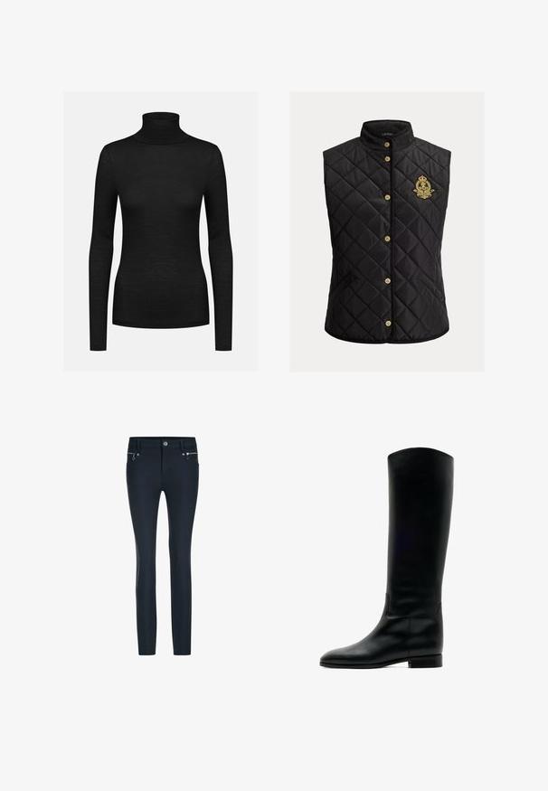 Zwarte doorgestikte mouwloze bodywarmer met opstaande kraag, sluiting met gouden knopen en geborduurd goud-rood wapenschild op de linkerborst.; Zwarte coltrui met lange mouwen, geribbelde textuur, slim fit ontwerp en hoge kraag. Gemaakt van een zachte, rekbare stof.; Slim-fit zwarte broek met riemlussen, een knoop aan de voorkant en ritszakken aan beide zijkanten.; Hoge zwarte leren laars met lage hak en ronde neus, zijaanzicht op een witte achtergrond.