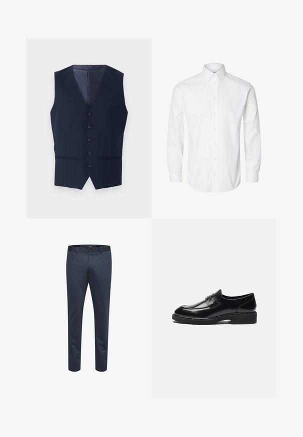 Marineblauwe gilet met een notch-kraag, zes knopen en twee voorzakken. Gemaakt van een gestructureerde stof, met een gladde binnenvoering.; Wit overhemd met lange mouwen, een puntige kraag, zichtbare knopen vooraan en knoopmanchetten.; Marineblauwe broek van textuurstof met een slim fit, voorzien van een knoopsluiting en ceintuurlussen, geschikt voor zowel casual als formele gelegenheden.; Zign LEATHER - Zakelijke loafers - black