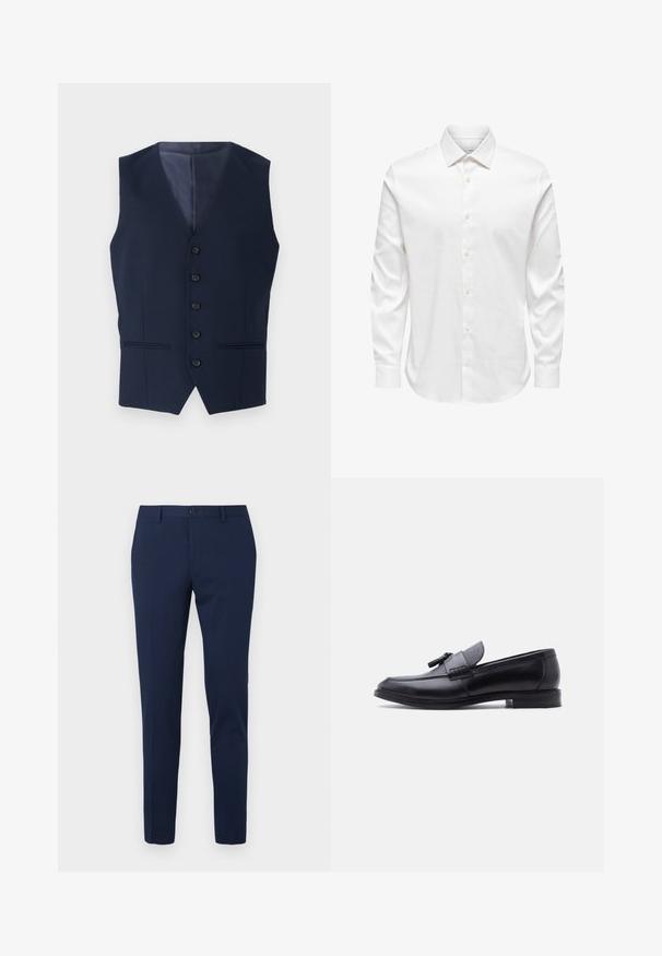 Chaleco azul marino con cuello en pico, cierre de seis botones y dos bolsillos delanteros. Confeccionado en una tela texturizada, cuenta con un forro interior suave.; Camisa de vestir blanca para hombre de manga larga con cuello puntiagudo y fila frontal de botones blancos sobre un fondo liso.; Pantalones de vestir color azul marino con diseño de pierna recta, hechos de un tejido suave. Cuentan con cierre frontal de botón y dos bolsillos laterales.; Mocasín de cuero negro con panel de tela gris texturizada y detalle de borlas, tacón bajo y punta redondeada, mostrado de perfil sobre fondo blanco.