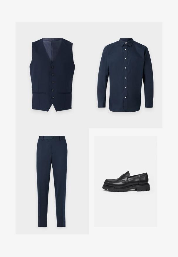 Chaleco azul marino con cuello en pico, cierre de seis botones y dos bolsillos delanteros. Confeccionado en una tela texturizada, cuenta con un forro interior suave.; Camisa de manga larga de color azul marino, fabricada en algodón suave, con cuello extendido, botonera frontal y puños abotonados. Sin patrones visibles.; Pantalones de vestir azul marino con corte recto, con cierre de botón y trabillas para el cinturón. Hechos de una tela suave y ligera.; Mocasín negro de cuero con suela gruesa y acanalada y detalle de tira para moneda, mostrado en perfil lateral derecho sobre fondo blanco.