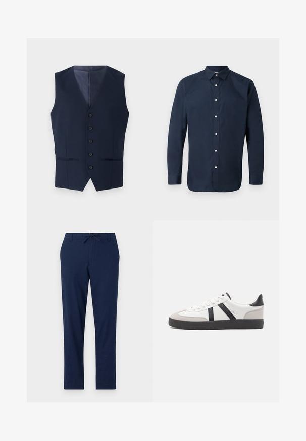 Chaleco azul marino con cuello en pico, cierre de seis botones y dos bolsillos delanteros. Confeccionado en una tela texturizada, cuenta con un forro interior suave.; Camisa de manga larga de color azul marino, fabricada en algodón suave, con cuello extendido, botonera frontal y puños abotonados. Sin patrones visibles.; Pantalones azul marino de material ligero con cintura ajustable y perneras estrechas, que cuentan con bolsillos delanteros y traseros.; Zapatilla blanca con acentos en negro y gris, que presenta una puntera texturizada en gris, suela de goma negra y cordones planos blancos. Diseño limpio, estilo minimalista.