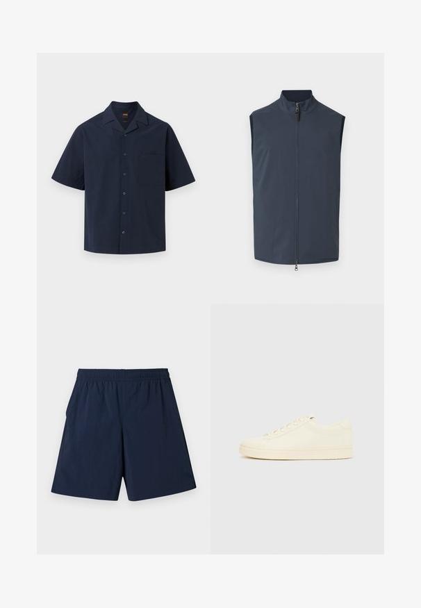 Veste sans manches bleu marine en tissu lisse, dotée d'un col montant, d'une fermeture éclair frontale et de poches latérales pour plus de commodité.; Chemise bleu marine foncé à manches courtes avec boutons, col pointu et poche poitrine sur un fond clair uni.; Shorts pour hommes bleu marine avec une taille élastique, un ourlet droit et une texture de tissu lisse.; Baskets couleur crème avec une tige en cuir lisse, bout arrondi, laçage à l'avant et semelle en caoutchouc texturée. Design minimaliste, sans logo.