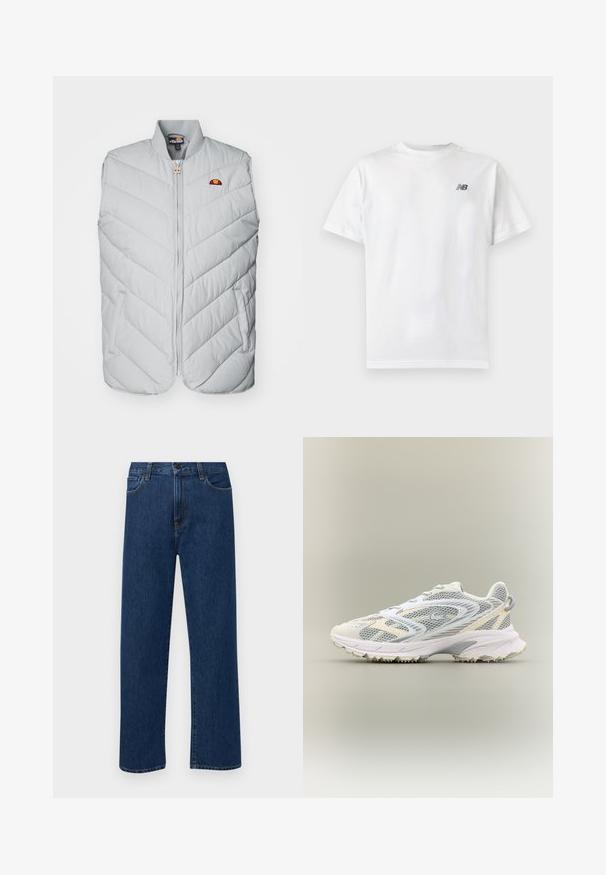 Veste rembourrée gris clair avec un motif en chevrons, fermeture éclair sur le devant et poches latérales. Présente un petit logo brodé près de l'encolure.; T-shirt blanc à manches courtes et col rond avec un petit logo noir New Balance sur la partie supérieure gauche de la poitrine, sur un fond clair uni.; Jean en denim bleu foncé à jambes droites, avec poches avant et fermeture à bouton, présenté sur un fond blanc uni.; Chaussure de sport blanche avec des panneaux en mesh gris, des superpositions texturées, un col rembourré et une semelle en caoutchouc dotée de petites pointes de traction.