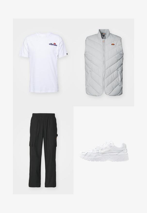 Hellgraune Steppweste mit Chevron-Muster, Reißverschluss vorne und seitlichen Taschen. Besitzt ein kleines gesticktes Logo in der Nähe des Halsausschnitts.; Weißes Baumwoll-T-Shirt mit kurzen Ärmeln, das ein marineblaues gesticktes Logo auf der linken Brust und einen lebhaften Farbakzent über dem Logo präsentiert.; Schwarze Cargo-Hosen aus leichtem Stoff, mit zwei seitlichen Taschen, einem elastischen Taillenbund und einer lockeren Passform.; Nike Sportswear P 6000 - Sneaker low - white/platinum tint