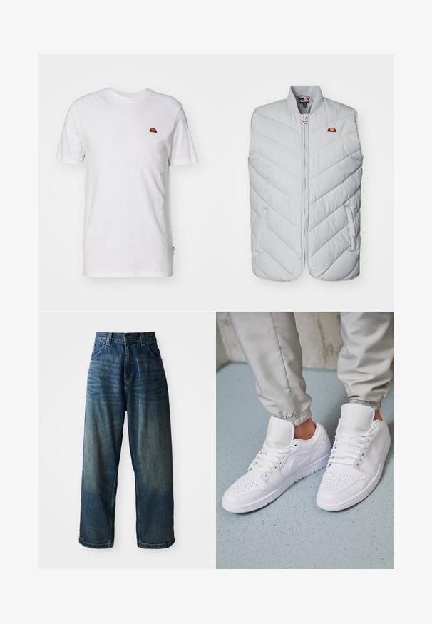 Veste rembourrée gris clair avec un motif en chevrons, fermeture éclair sur le devant et poches latérales. Présente un petit logo brodé près de l'encolure.; T-shirt blanc uni à manches courtes avec un petit logo en demi-cercle rouge et orange sur la partie supérieure gauche de la poitrine.; Jean en denim bleu taille large avec une finition délavée. Comprend cinq poches, une fermeture à bouton et des coutures contrastées. Tissu de poids lourd.; Des baskets en cuir blanc présentent une zone de perforation à l'avant, des lacets plats, un col rembourré et le logo Jordan sur la languette. Portées avec un pantalon de jogging gris.