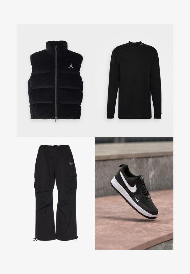 Sort kordfløjl puffer vest med høj krave, lynlås frontlukning, og hvid Jordan-logo på brystet, med et quiltet design.; Nike Sportswear MOCK NECK - Sweatshirt - black; Sorte cargobukser lavet af letvægtsstof, med elastisk talje med snøre, sidelommer og justerbare manchetter.; Sort-hvid Nike Air Force 1 sneaker svævende over en lyserød betonflade med en grå stenbaggrund.