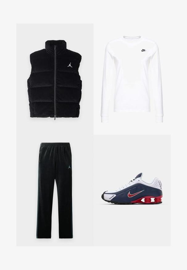 Sort kordfløjl puffer vest med høj krave, lynlås frontlukning, og hvid Jordan-logo på brystet, med et quiltet design.; Hvid langærmet T-shirt lavet af bomuld, med et lille sort Nike-logo på venstre bryst og en rund halsudskæring. Glat tekstur.; Sorte velourbukser med en afslappet pasform, elastisk talje og lyseblå sidelæg. Har et lille blåt logo på den øverste venstre ben.; Hvide og marineblå atletiske sko med røde detaljer, netpaneler, polstret krave og et særpræget såledesign med synlige støddæmpningsenheder.