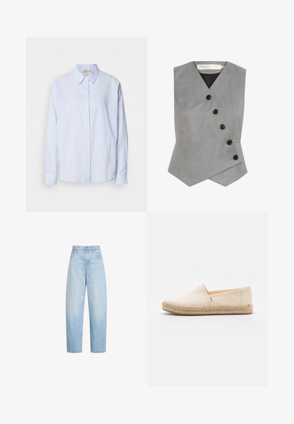Grå ærmeløs vest med en tætsiddende silhuet, der har et indviklet design, fem sorte knapper og en subtil tekstur.; Lyseblå stribet button-up skjorte med klassisk krave, lange ærmer og en afslappet pasform, med smalle vertikale striber i kontrasterende farver.; Lyseblå jeans med højtaljede og lige ben, med forlommer, bælteløkker og knaplukning.; Beige stof slip-on sko med en jute reb-sål, der har en glat overflade og et enkelt design uden synligt hardware eller mønstre.