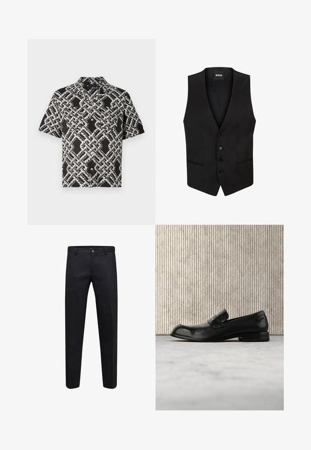 Sort vest med V-hals, fem knapper og to forlommer. Glat tekstur, skræddersyet design og subtile detaljer i inderforingen.; Sort kortærmet skjorte med knapper og hvid abstrakt geometrisk bladmønster samt to brystlommer.; Sorte formelle bukser med knap og lynlås, lige snit og bæltestropper, vist på hvid baggrund.; Sort læderloafer med metalaccent, vist svævende over et beige tæppe, med et rundt, ravfarvet bord i baggrunden.
