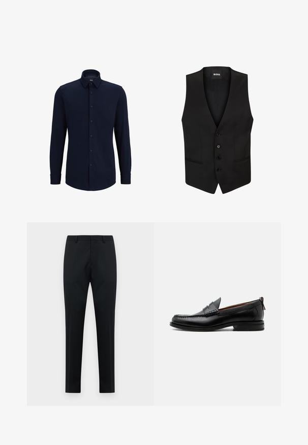 Sort vest med V-hals, fem knapper og to forlommer. Glat tekstur, skræddersyet design og subtile detaljer i inderforingen.; Marineblå langærmet skjorte med knapper lavet af vævet stof, med klassisk krave, lige pasform og frontlukning med knapper.; Sorte skræddersyede herreformelle bukser med bæltestropper, glat front og lige ben på en hvid baggrund.; Sort læder herre loafer med moc-tå syning, penny strop, struktureret krave og lav stablet hæl på hvid baggrund.