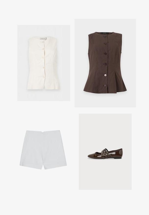 Mouwloze witte blouse met knopen, ronde halslijn en aansluitende taille details, gelabeld "Anna Field."; Mouwloos bruin gilet met knopen, ronde halslijn en getailleerde naden, met zes knopen aan de voorkant, waarvan één lichter van kleur.; Witte shorts met een op maat gemaakte uitstraling, vlakke voorkant, twee zijzakken en een nette zoom. Gemaakt van een soepel materiaal zonder zichtbare patronen.; Donkerbruine platte lakleren schoen met spitse neus en drie dunne bandjes met gouden gespen over de wreef.