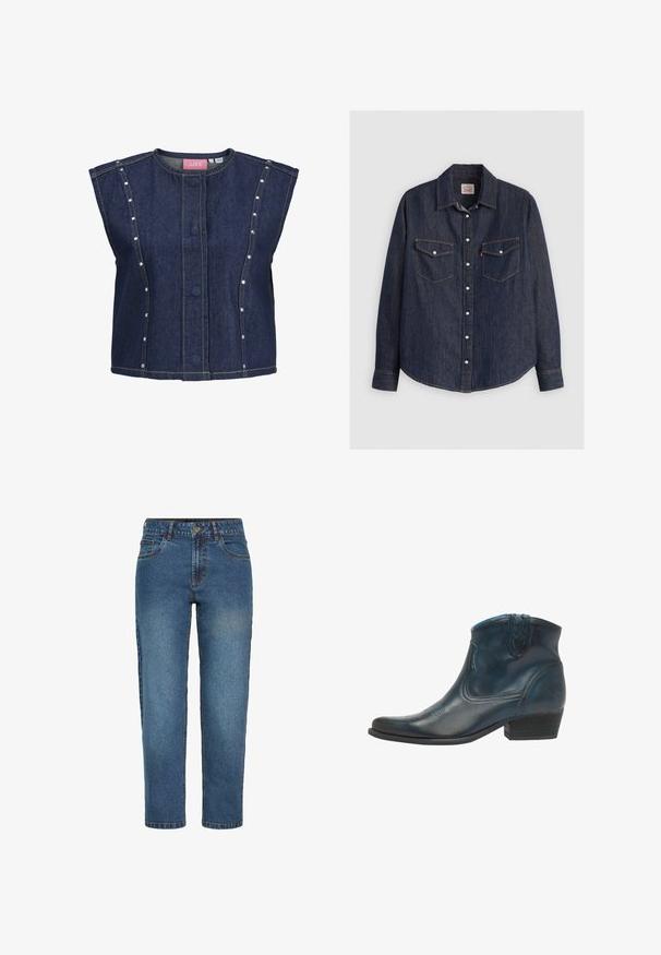 Gilet sans manches en denim bleu foncé avec encolure ronde, boutons dissimulés à l'avant, détails de coutures verticales et petits clous argentés le long des panneaux latéraux.; Chemise en denim bleu foncé à manches longues, avec un devant à boutons, deux poches poitrine avec rabats et des coutures jaunes contrastantes.; Jean en denim bleu taille haute à jambes droites avec bouton et fermeture éclair devant, deux poches avant et passants de ceinture.; Bottes de cowboy en cuir bleu foncé, avec un bout pointu, des accents courbés et un talon bas empilé avec des détails de couture subtils.