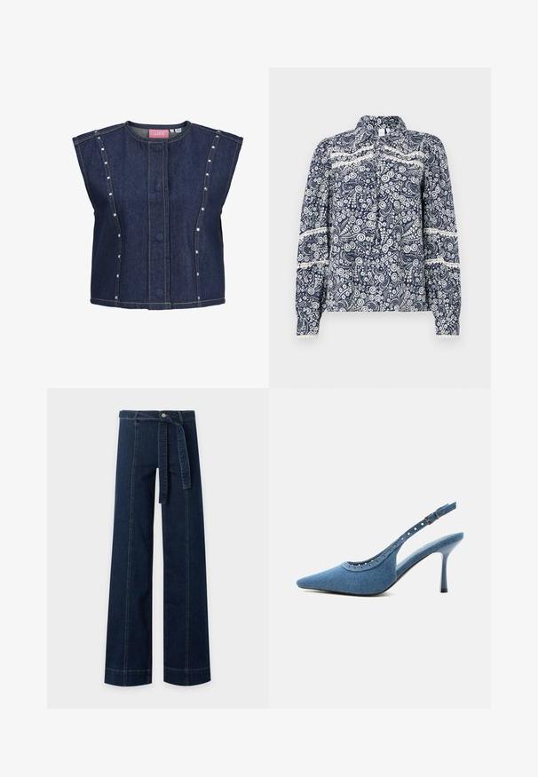 Chaleco sin mangas de mezclilla azul oscuro con escote redondo, botones frontales ocultos, detalles de costuras verticales y pequeños remaches plateados a lo largo de los paneles laterales.; Blusa de patrón azul marino y blanco con cuello, botones en la parte delantera y mangas largas. Delicados diseños florales y en espiral por toda la prenda. Acentos texturizados.; Pantalón vaquero azul oscuro de pierna ancha con detalles de costura en la parte delantera y cinturón de tela a juego atado a la cintura.; Zapato de tacón alto con puntera puntiaguda, trasera tipo slingback en denim azul con detalles de ojales plateados y correa ajustable con hebilla.