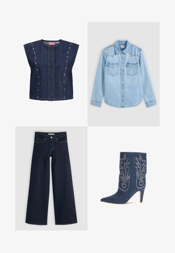 Ärmellose dunkelblaue Jeansweste mit rundem Ausschnitt, verdeckten vorderen Knöpfen, vertikalen Nahtdetails und kleinen silbernen Nieten entlang der Seitenpaneele.; Hellblaues Jeanshemd mit langen Ärmeln, Knopfleiste, zwei Brusttaschen mit Klappen und einem klassischen spitzen Kragen vor grauem Hintergrund.; Weite Jeans aus dunkelblauem Denim mit orangefarbenen Nähten, Knopfverschluss, zwei vorderen Taschen und einer glatten Textur. Verfügt über einen sauberen Saum.; Denim-Ankle-Boot mit spitzer Zehenform, geschwungenem Design, silberner dekorativer Stickerei und 3-Zoll-Stiletto-Absatz. Dunkelblau mit strukturiertem Finish.