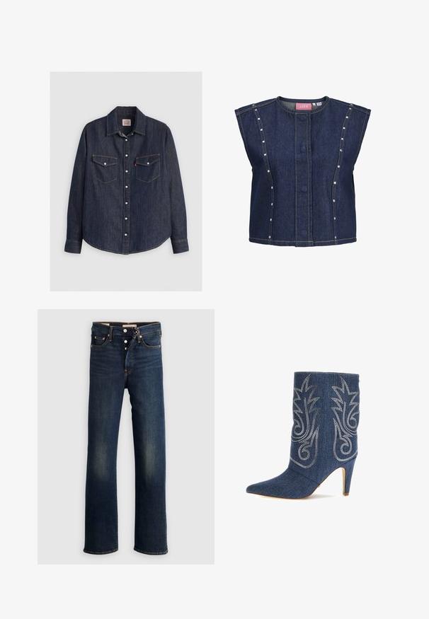 Ærmeløs mørkeblå denimvest med rund halsudskæring, skjulte knapper foran, lodrette sømdetaljer og små sølvnitter langs sidepanelerne.; Mørkeblå denimskjorte med lange ærmer, knaplukning fortil, to brystlommer med klapper og kontrasterende gule sømme.; Mørkeblå denimjeans med lige ben, fem lommer, knapgylp og diskret falmning ved lårene. Klassiske syningsdetaljer.; Denim ankelstøvle med spids tå, buet design, sølv dekorativ syning og 3-tommer stiletto hæl. Mørkeblå med struktureret finish.