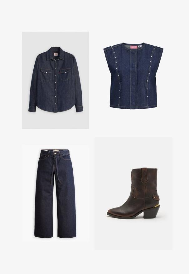 Mouwloos donkerblauw denimvest met ronde halslijn, verborgen knopen aan de voorkant, verticale naaddetails en kleine zilveren studs langs de zijpanelen.; Donkerblauwe denim overhemd met lange mouwen, kraag met knopen aan de voorkant, twee borstzakken met kleppen en contrasterende gele stiksels.; Wijd pijpjes donkerblauwe denim jeans met een hoge taille, voorzien van een trekkoord, vijf zakken en contrasterende stiksels.; Bruine leren cowboylaars met een puntenneus en gestapelde hak. Voorzien van een decoratief ruitpatroon en een riem met hardware accent.