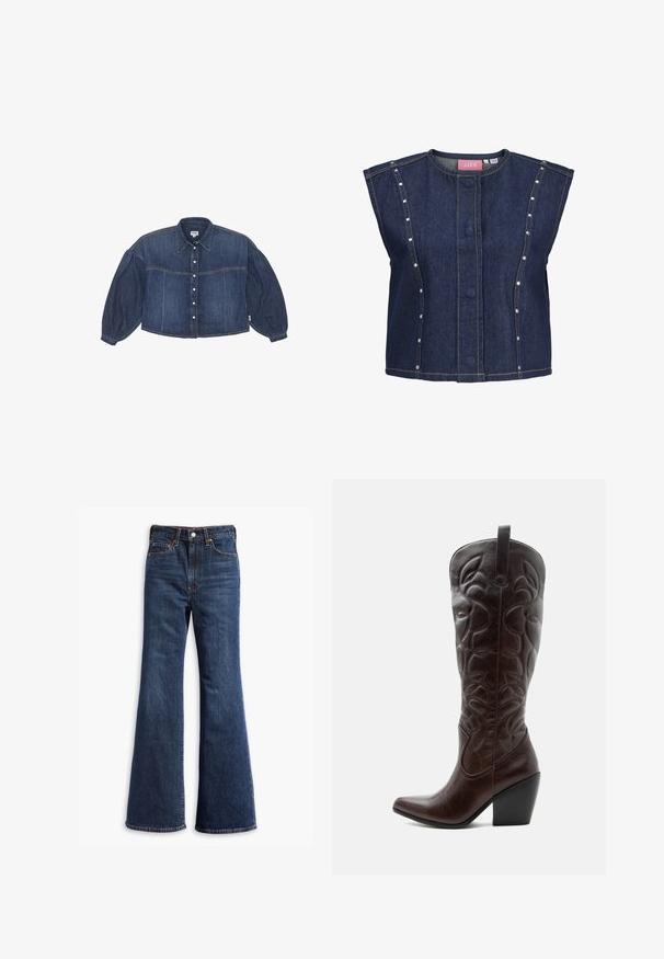 Chaleco sin mangas de mezclilla azul oscuro con escote redondo, botones frontales ocultos, detalles de costuras verticales y pequeños remaches plateados a lo largo de los paneles laterales.; Camisa de denim recortada en azul oscuro con cierre de botones en el frente, cuello puntiagudo y mangas largas abullonadas. Presenta detalles de costura horizontal.; Jeans de mezclilla de tiro alto en azul oscuro, con piernas acampanadas, cierre delantero de botón y cremallera, y diseño de cinco bolsillos.; Bota vaquera alta de cuero marrón oscuro con patrones decorativos cosidos, punta puntiaguda y tacón de bloque apilado.