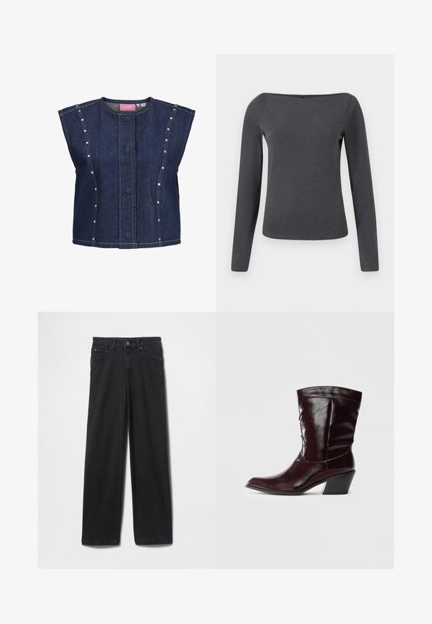 Gilet sans manches en denim bleu foncé avec encolure ronde, boutons dissimulés à l'avant, détails de coutures verticales et petits clous argentés le long des panneaux latéraux.; Haut à manches longues, décolleté bardot en gris foncé. Fabriqué à partir d'un tissu lisse et extensible avec des coutures minimales et une silhouette ajustée.; Jean en denim noir avec une coupe droite, fermeture par bouton et fermeture éclair, poches avant et arrière, et une texture lisse.; Bottines en cuir bourgogne avec un bout pointu, une surface texturée et un petit talon effilé. Présente une couture discrète et un ajustement confortable.