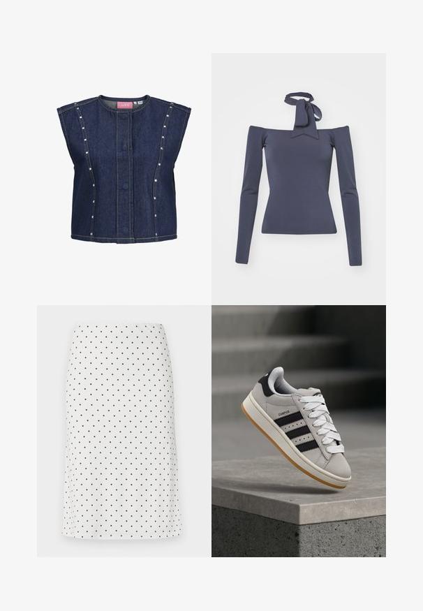 Ærmeløs mørkeblå denimvest med rund halsudskæring, skjulte knapper foran, lodrette sømdetaljer og små sølvnitter langs sidepanelerne.; Mørkeblå off-shoulder top med lange ærmer og en bundet sløjfe ved udskæringen. Fremstillet af glat stof med en tætsiddende silhuet.; Hvid blyantsnederdel med sort prikkemønster, knælængde med en tætsiddende talje og glat stoftekstur.; Grå Adidas Campus-sneaker med sorte striber og hvide snørebånd, der svæver over en betonkant med trapper i baggrunden.