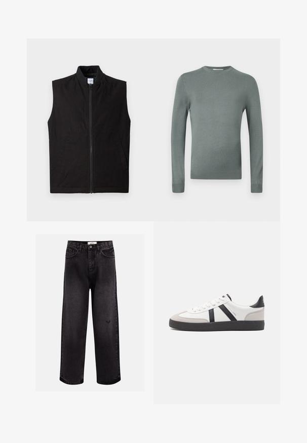 Sort ærmeløs vest lavet af tekstureret stof, med en frontlynlås, høj krave og to sidelommer. Enkel og funktionel design.; Lysegrøn langærmet sweater lavet af blødt strikstof. Har en rund halsudskæring og tætsiddende ærmer med ribbede manchetter. Enkelt design.; Sorte denim jeans med bred benpasform, der har fem lommer, en syet talje og en diskret logodetalje nær knæet.; Hvide sneakers med sorte og grå detaljer, med en tekstureret grå tåhætte, sort gummisål og flade hvide snørebånd. Rent design, minimalistisk stil.
