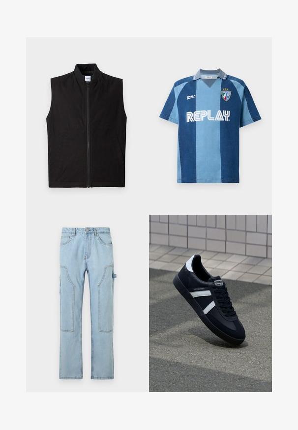 Sort ærmeløs vest lavet af tekstureret stof, med en frontlynlås, høj krave og to sidelommer. Enkel og funktionel design.; Denim-inspireret jersey med korte ærmer, der har et mørkeblåt og lyseblåt stribet design, V-hals, og "REPLAY" logoet præsenteret tydeligt.; Lysblå denim cargo bukser med lige ben, der har store sidelommer, kontrastfarvet syninger og knaplukning i taljen.; Sort lædersneaker med hvide striber, tekstureret gummisål og snørrebånd foran. Har et brandet mærke på tungen.