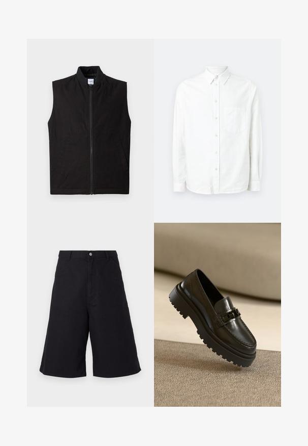 Gilet sans manches noir en tissu texturé, doté d'une fermeture éclair sur le devant, d'un col haut et de deux poches latérales. Design simple et fonctionnel.; Chemise blanche à manches longues avec boutons, en tissu léger. Présente une poche poitrine, un col classique et une texture subtile.; Shorts en coton noirs à coupe droite, avec poches devant, fermeture à bouton et une texture adaptée à un usage décontracté.; Mocassins en cuir noir avec une semelle noire épaisse, ornés d'une chaîne décorative sur le cou-de-pied et de détails cousus sur la tige.