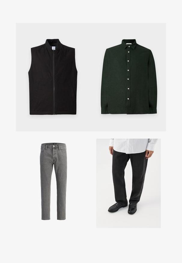 Zwarte mouwloze vest gemaakt van textuurstof, met een voorrits, hoge kraag en twee zijzakken. Eenvoudig en functioneel ontwerp.; Donkergroene overshirt met lange mouwen, gemaakt van gestructureerde stof, met een knoopsluiting aan de voorkant en een klassieke kraag. Eenvoudig ontwerp zonder patronen.; Grijze denim jeans met een rechte snit, vijf-pocket ontwerp en metalen knoopsluiting. De stof heeft een zachte, gestructureerde afwerking.; Zwarte denim broek gecombineerd met glanzende zwarte instappers. Het shirt is wit met dunne verticale strepen, heeft lange mouwen en een geknoopte kraag.
